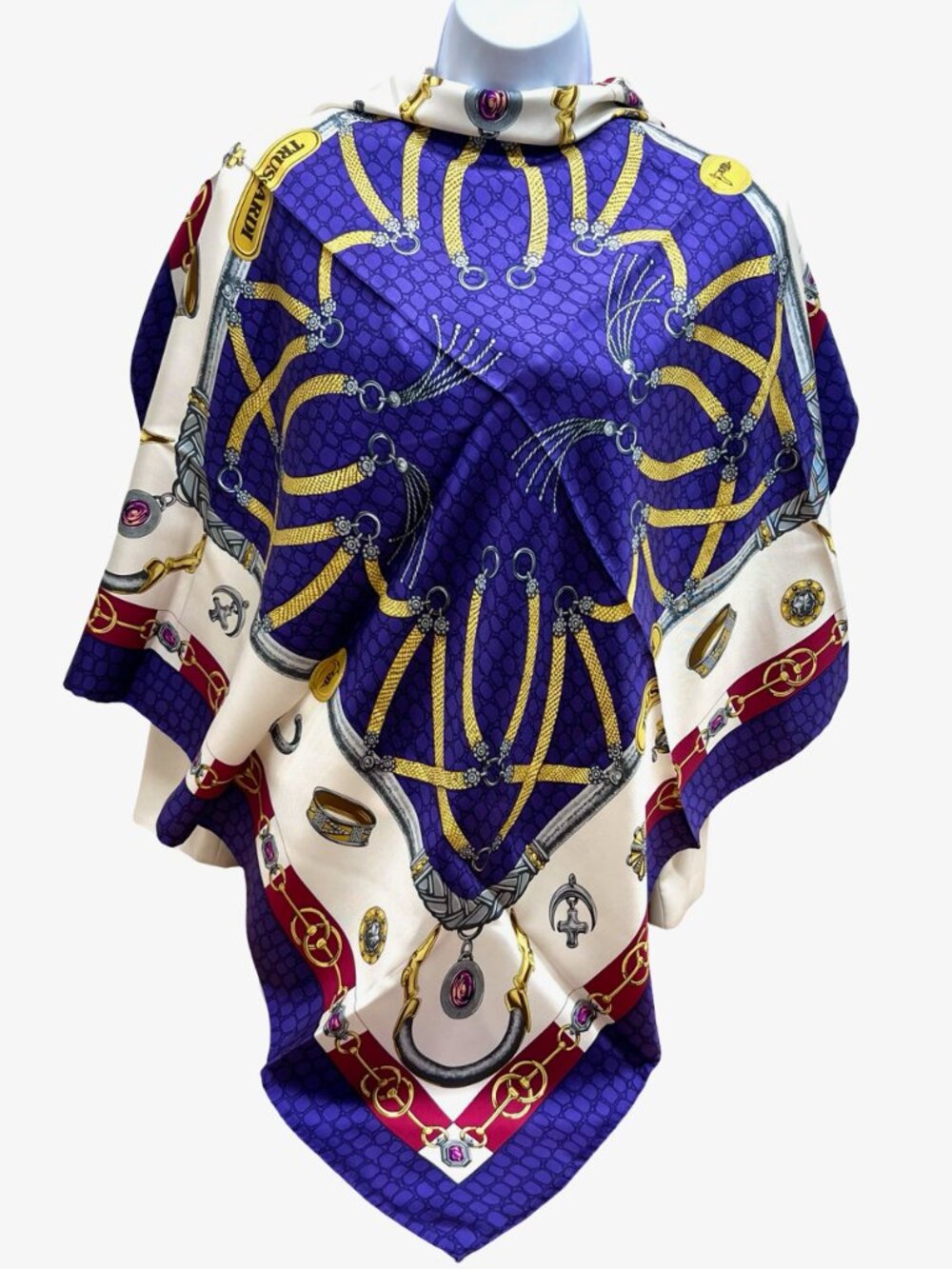 New- Beautiful Trussardi 100% silk Scarf satin 35" Purple Blue White Gold (17 - Picture 7 of 16